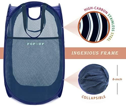 HOUSE AGAIN 2Pack Strong Mesh Pop Up Laundry Hamper, 70L Collapsible Laundry Basket with Steel Frame, Double‑Stitched Handles & Side Pocket, Foldable Dirty Clothes Hamper for Dorm, Bedroom, Blue