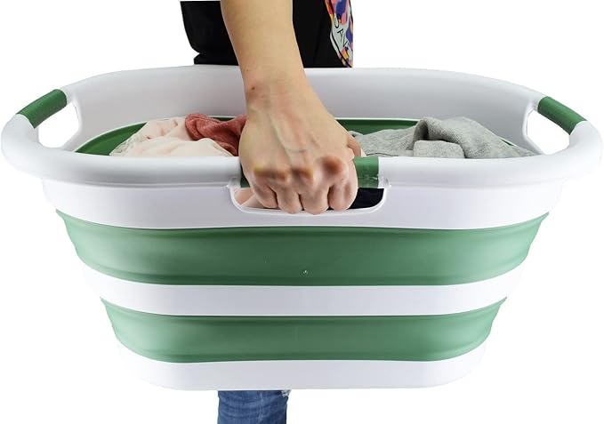 SAMMART 40L (10.5 gallon) Collapsible Plastic Laundry Basket - Foldable Pop Up Storage Container/Organizer - Portable Washing Tub - Space Saving Hamper/Basket (1, White/Dark Sea Green)