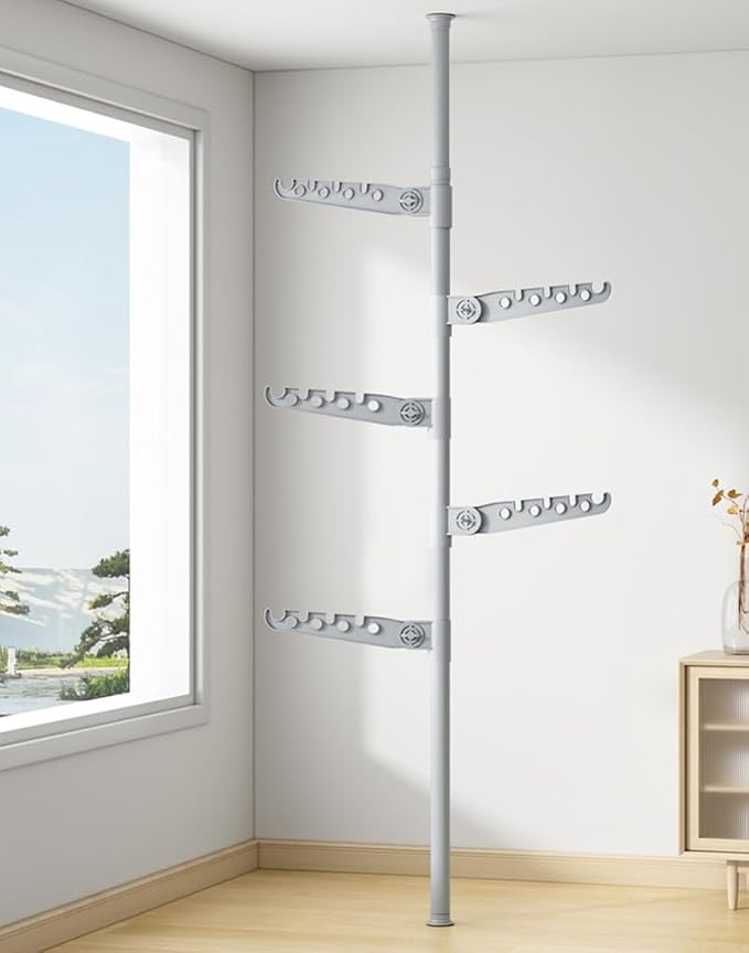 5-Tier Clothes Drying Rack Telescopic Coat Hanger Garment Stand Floor to Ceiling Laundry Pole Tension Rod Storage Organizer for Home, Balcony, Office 43.3''-122.04''