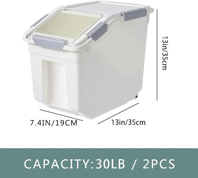 30lb Food Storage Container with Scoop with Handle & Wheels, 2 Pack | Plastic Kitchen Pantry Organization for Rice Flour Pet Food Cereal Baking Supplies Dispenser Storage
