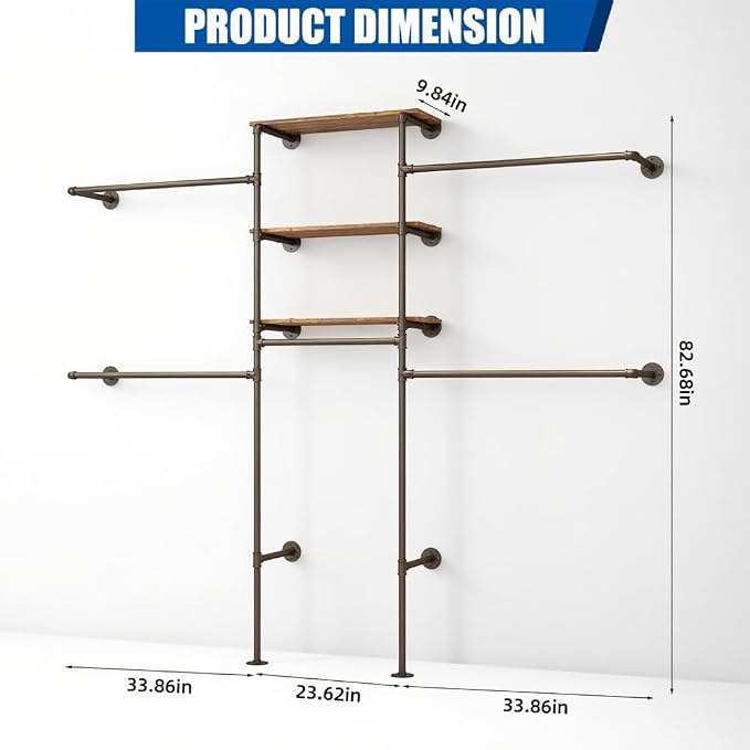 KaKaBB Industrial Pipe Clothing Rack - Heavy Duty Wall Mounted Clothes Rack, Corner Closet System, DIY Wardrobe Organizer with Shelves, Walk in Closet Storage (BLACK, 94.5")