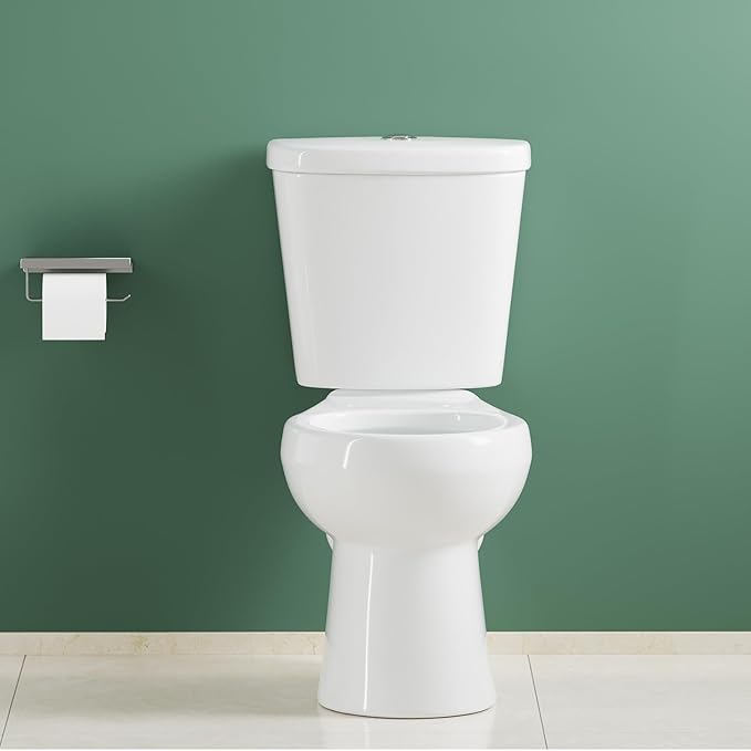 Two Piece Toilet, 17" Round with Upgraded Flushing, Dual Flush Buttons (Top Mounted), Includes Hardware (Seat Not Included), White, 12" Rough-in
