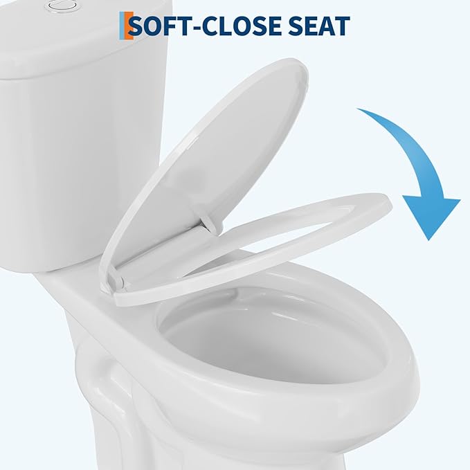 Two Piece Toilet, 21" Elongated ADA Comfort Height with Upgraded Flushing, Dual Flush Buttons (Top Mounted), Includes Soft-Close Seat & Hardware, White, 12" Rough-in