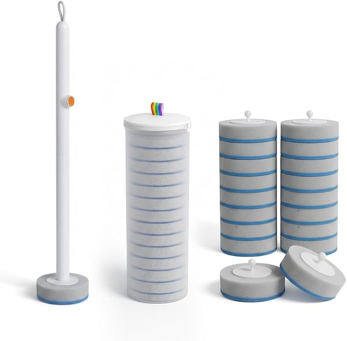 Disposable Toilet Cleaning Brush Kit with 18 Refill Heads, One-Press Release, Built-in Cleaning Solution, Wall-Mounted Storage, Ideal for Bathroom, Home, Rental and Airbnb