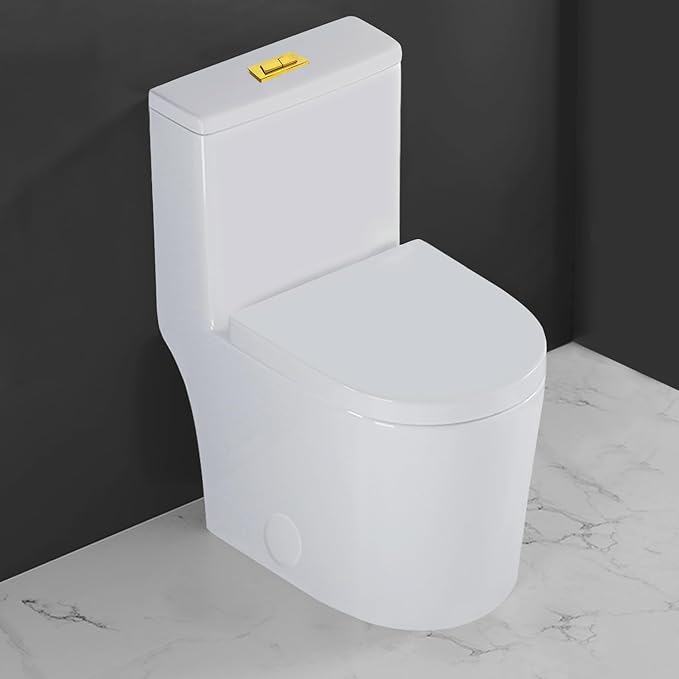 WinZo WZ5089WG Compact One Piece Toilet 23" Depth,Dual Flush Golden Button For Small Modern Bathroom 12" Rough-in White