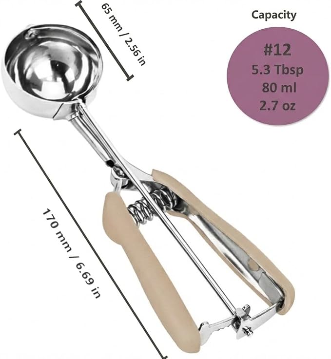 Ice Cream Scoop, 18/8 Stainless Steel Cookie Scoop, 5.3Tbsp/80ml/2.7oz Cookie Dough Scoop, Ice Cream Scooper with Trigger Release, Large Cookie Scooper (#12 Brown)
