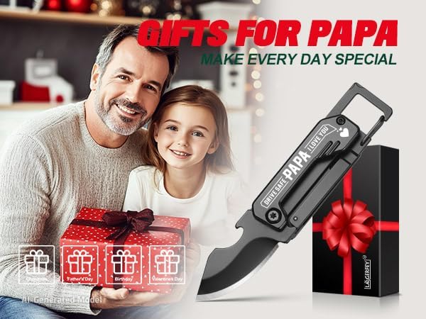Papa Gifts for Christmas - Gifts for Papa, Keychain Multitool with 1.8inch Blade - Fathers Day Birthday Gift for Papas - Small Knife for Every Day Carry, Portable Tool for Camping, Hiking