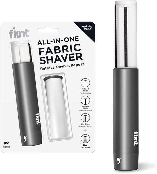 All-in-One Fabric Shaver, Compact, Retractable & Travel-Friendly Fuzz Remover with 2 Fabric-Safe Care Surfaces, Lint Brush & Lint Roller, Ultimate Depiller for Clothes, Eco-Friendly