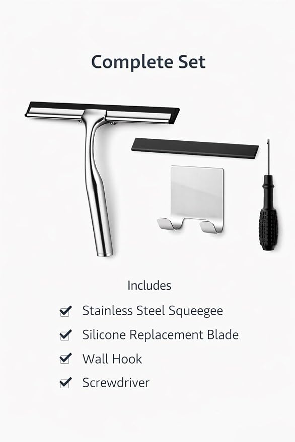 MOVAN Shower Squeegee for Glass Doors with Replacement Silicone Blade – 304 Stainless Steel Frame, 10 Inch, Streak-Free Bathroom Window Wiper with Adhesive Hook, Black
