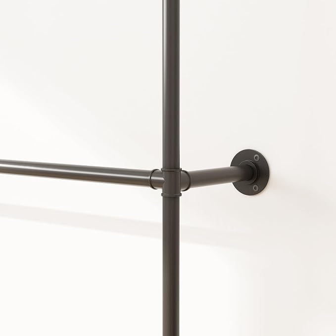 ORSENIGO Industrial Pipe Clothing Rack, Heavy Duty Metal Clothes Rack with Double Rods for Hanging Clothes, Wall Mount Space-Saving Garment Display Rack (Double, Black)