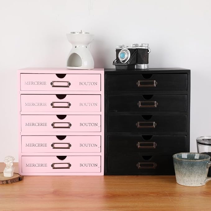 Wooden Storage Box with 5 Drawers Apothecary Vintage Wood Desktop Organizer Countertop Library Card Catalog Cabinet (Pink)