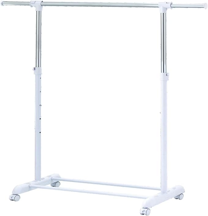 Adjustable Rolling Garment Rack 84-121cm Wide, Chrome White with Wheels | Sturdy steel, tool-free setup; height adjusts 123.5-163cm; smooth casters; ideal for bedroom, closet & laundry organization.