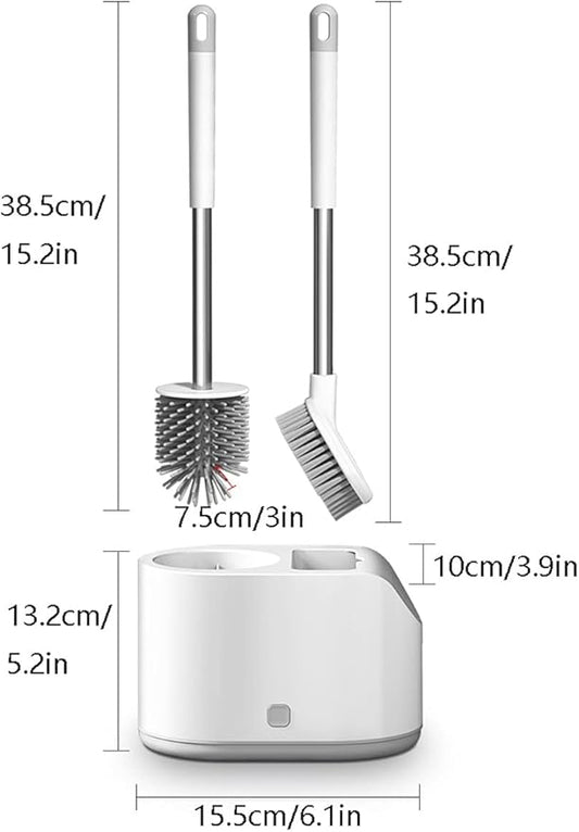 Multifunction Double Brush Toilet Brush Holder, Long Handle Wall-Mounted Toilet Brush Plunger Set, Ventilated Quick-Drying Silicone (Color : Gray, Size : Wall Hanging)