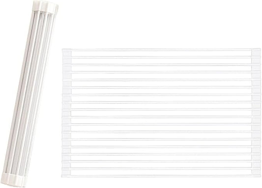 Roll Up Dish Drying Rack Over The Sink.Foldable Kitchen Drainer,Fully Silicone Cover Stainless Steel Bar,Heat-Resistant, Anti-Slip Sink Rack for Kitchen Counter Multipurpose.