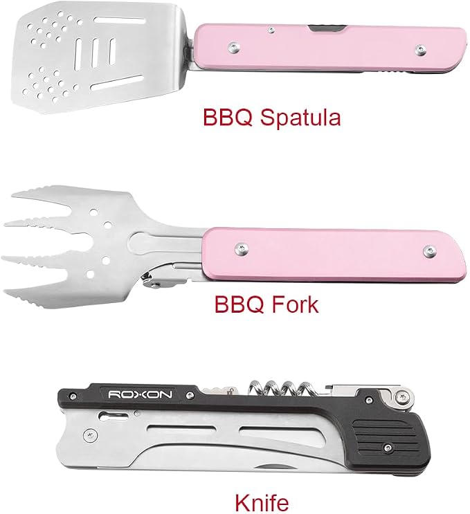 ROXON S601 6-in-1 Folding Grill Tool Set, 14" BBQ Utensils for Camping Pink | Includes Fork, Spatula, Knife, Tongs, Bottle Opener & Corkscrew. LFGB Certified, Dishwasher-Safe, Portable for Outdoor BBQ