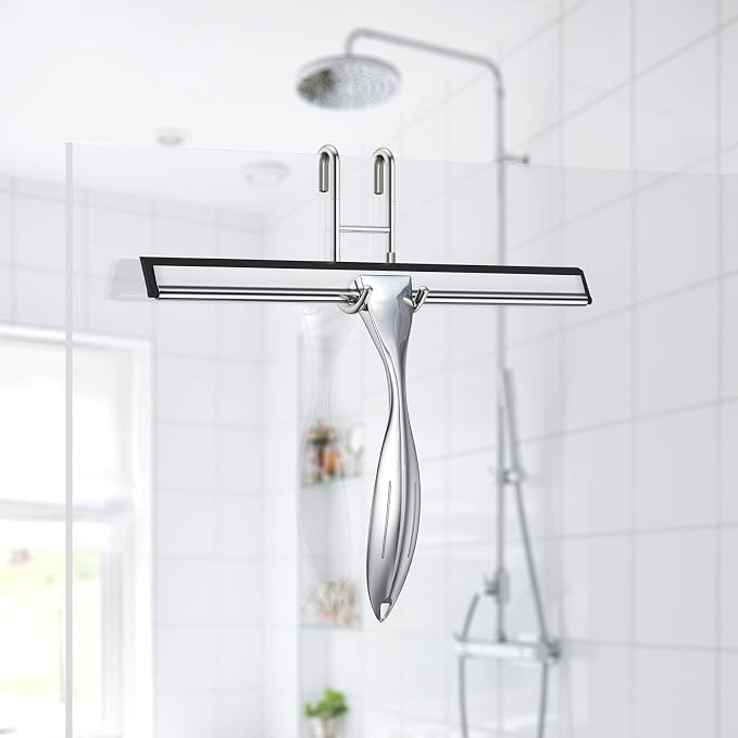 Shower Squeegee for Glass Door 12-Inch Stainless Steel Bathroom Squeegee Window Wiper, Includes Shower Door Hook, Adhesive Hook, and Spare Silicone Blade for Window Mirror Car All-Purpose Squeegee