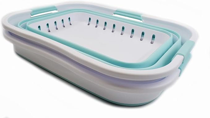 SAMMART Set of 2-30L (8 gallon) Collapsible Plastic Laundry Basket - Foldable Pop Up Storage Container/Organizer - Space Saving Hamper/Basket (2, White/Lake Green)