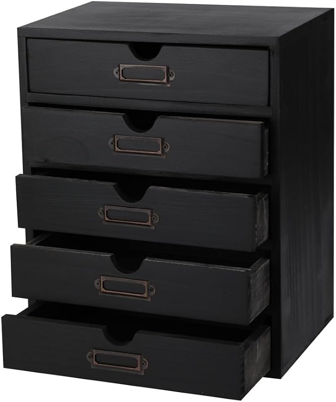 Wooden Storage Box with 5 Drawers Apothecary Drawers Vintage Wooden Drawers Wood Desktop Organizer with Drawers Countertop Drawers Library Card Catalog Cabinet Apothecary Cabinet （BLACK）
