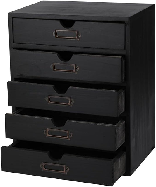Wooden Storage Box with 5 Drawers Apothecary Drawers Vintage Wooden Drawers Wood Desktop Organizer with Drawers Countertop Drawers Library Card Catalog Cabinet Apothecary Cabinet （BLACK）