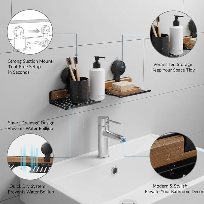 Over Sink Shelf with Walnut, 15.7" Tool-Free Organizer, Strong Suction Cup Rack with Easy Drainage for Kitchen & Bathroom