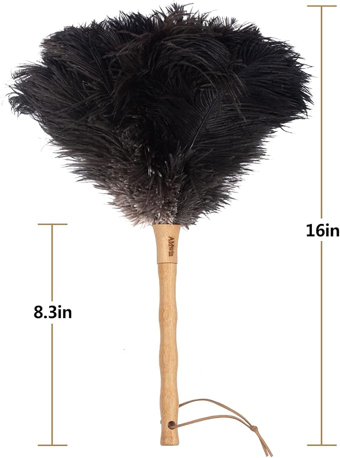 Aldwin Ostrich Feather Dusters for Cleaning, 16 inch Black | Genuine Ostrich Feathers with Wood Handle, Reusable Car Dusters, Eco-Friendly Handheld Dusters for Home, Office and Kitchen