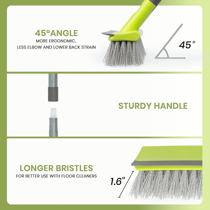 Floor Scrub Brush with 57" Long Handle, 2 in 1 Scrape and Deck Brush Floor Scrubber for Cleaning Smooth Concrete, Carpet, Patio, Kitchen Wall and Tile