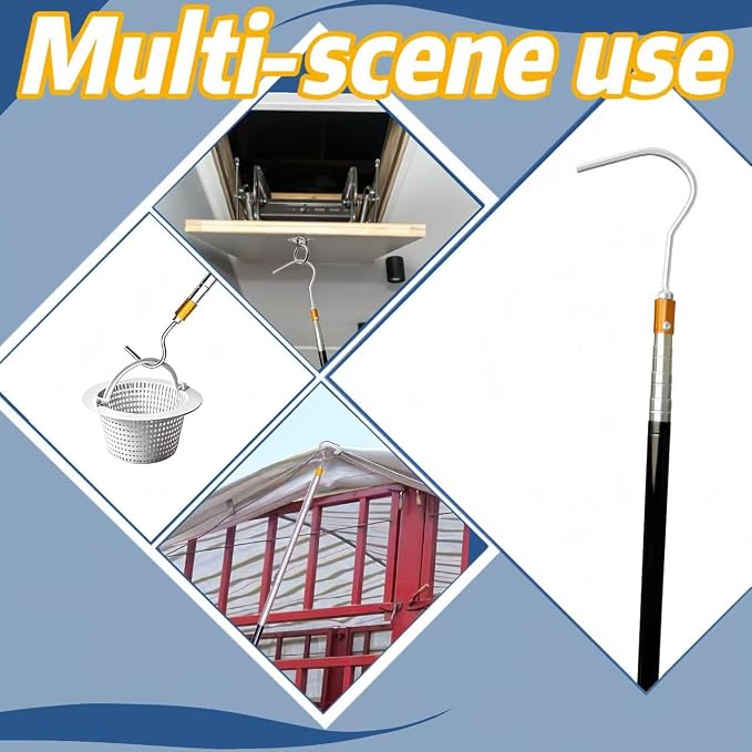 Attic Pull Down Hook with Duster, Extendable Pole for Attic Ladders | 18-59" Telescoping Pole with Microfiber Duster for Pulling Down Attic Ladders and Cleaning Fans, Ceilings & More