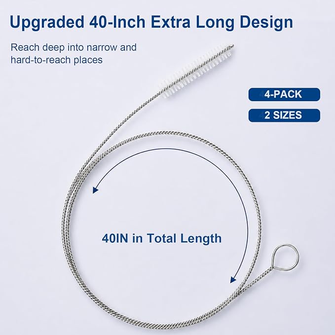40 Inches 4-Pack Extra Long Cleaner Brush Set, Stainless Steel Pipe Cleaner Brushes for Straws, Kegerator Tubes, Siphon Hoses, Feeding Tubes, Sunroof Drains, Ice Maker Hoses, and More