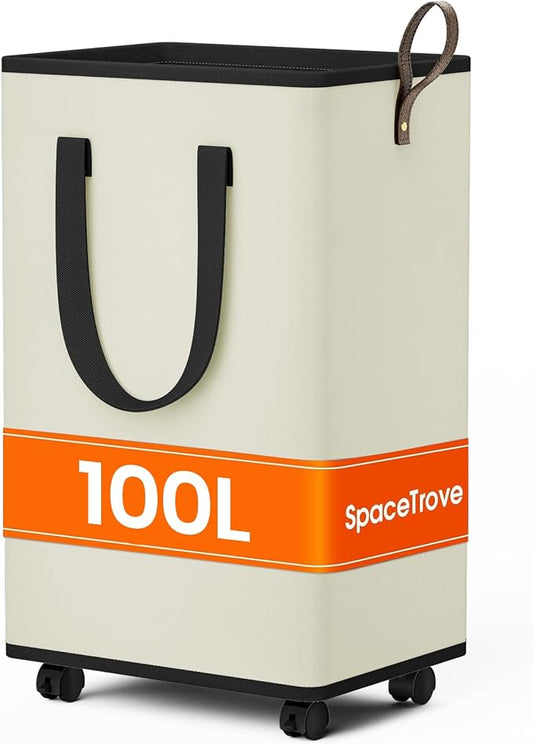 SpaceTrove Rolling Laundry Basket with Wheels, Laundry Hamper, 100L, Cream | Collapsible, 4 detachable wheels including 2 with brakes, sturdy handle, metal frame, for dorms, bathrooms and bedrooms