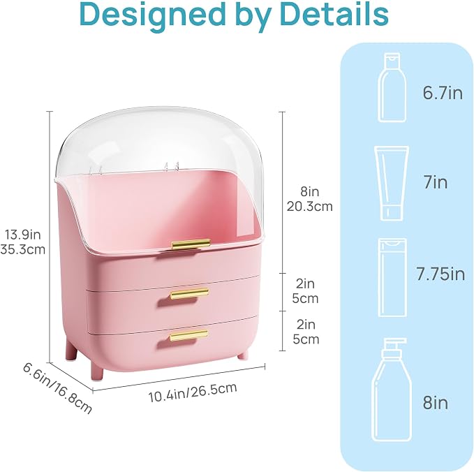 Vtopmart 3-Tier Skincare Makeup Organizer with Lids, Pink | With Drawers and Lid, For Vanity and Bathroom Countertop, Large Cosmetic Storage Box Case for Dresser, With Non-Slip Base