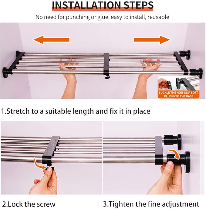 Hershii Expandable Closet Tension Shelf Rod Tension Shelves for Closet | Metal Storage Rack Cabinet Organizer DIY Divider Separator Shelves for Wardrobe Cupboard Kitchen Bathroom, Black 19.69-31.5IN
