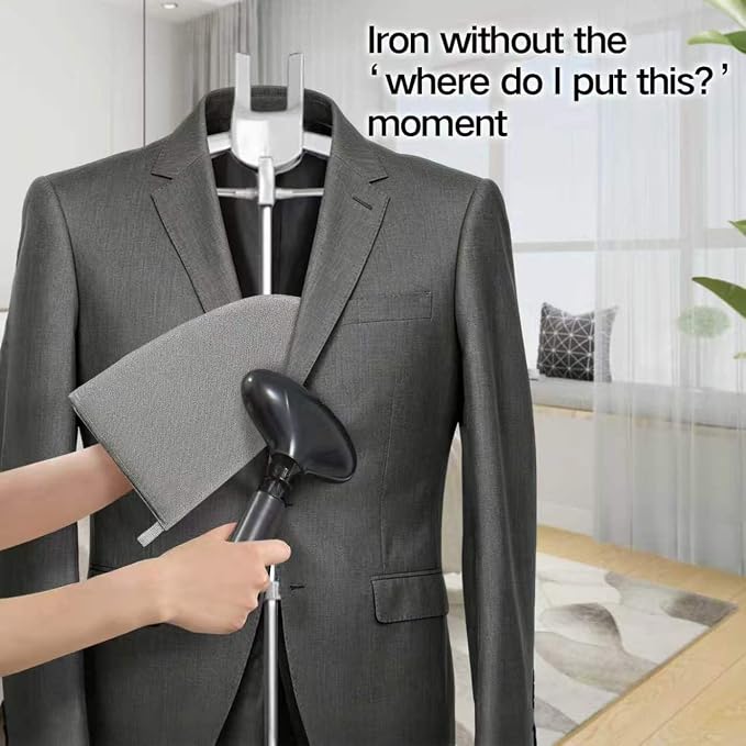 Garment Steamer Rack with Ironing Gloves | Foldable, height adjustable. Use as drying rack, gown display stand, or clothes hanger. Grey. For home, travel & daily use.