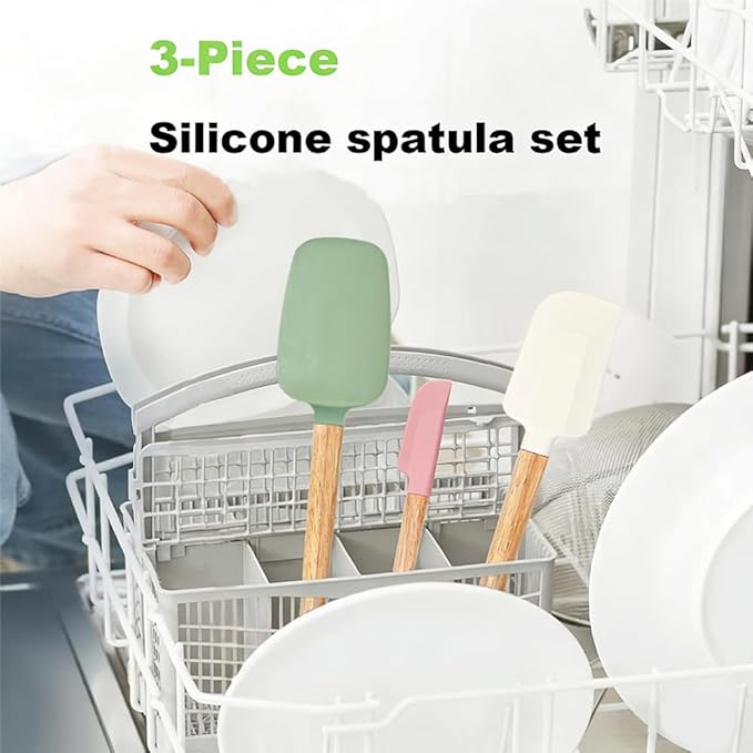 3PCS Heat Resistant Silicone Spatula Set, Silicone Spatula with Wooden Handle, Silicone Spatula Wooden Handle, Spatulas Silicone Heat Resistant Wood, Rubber Spatula for Baking Non-Stick Cooking Mixing