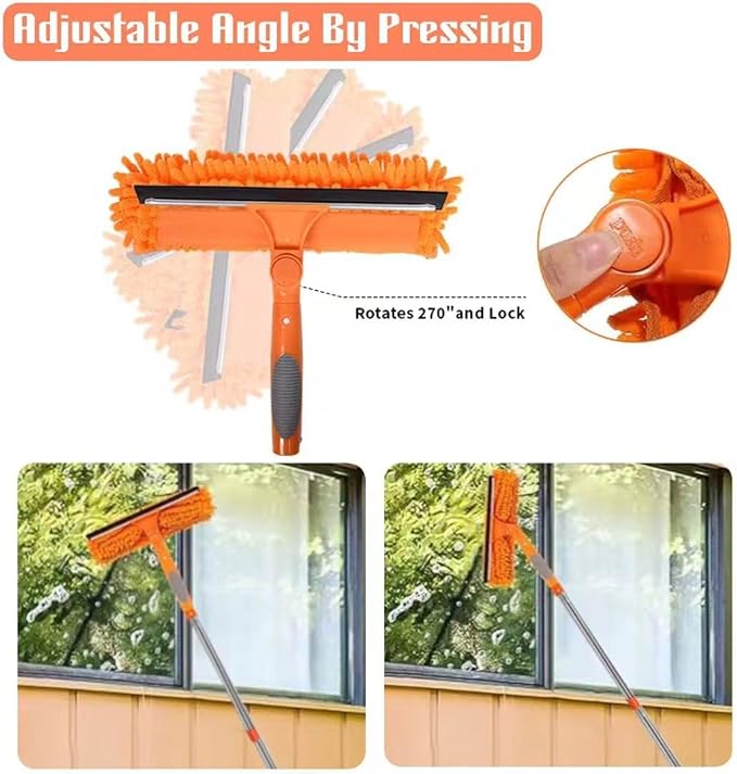 68'' Window Squeegee Cleaner Kit - 2-in-1 Rotatable Window Cleaning Tool with Extension Pole, Professional Streak-Free Squeegee with Bendable Head for Indoor/Outdoor Windows Car Glass (Orange)