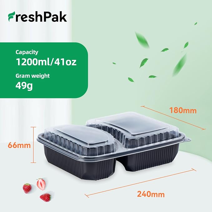 40 Pack 41oz Meal Prep Containers - Shrink Wrap Ready To Use | Reusable Leakproof 2 Compartment To Go Boxes | BPA-Free, Microwave & Freezer Safe | Portion Control Takeout Food Storage