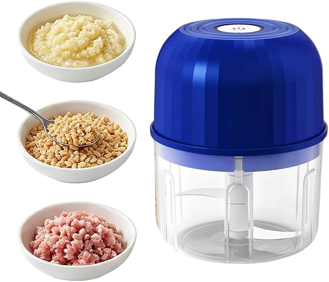 Household Electric Garlic Chopper, 260ml Portable Mini Food Processor with 6 Stainless Steel Blades, USB Rechargeable Small Veggie Cutter for Garlic, Onion, Ginger, Chili, Nuts & Meat (Blue)