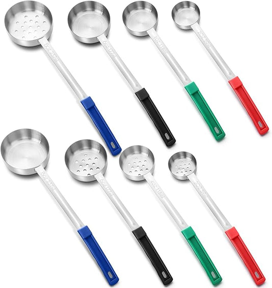 Teenyyou 8 Pcs Portion Control Serving Spoons Portion Scoops Cups Solid and Slotted Stainless Steel Ladle Spoon for Food, Serving Utensils Set for Parties(4 Colors,4 Sizes)