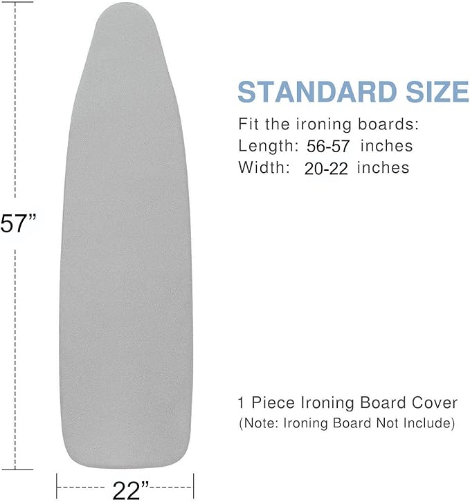 VividPaw Extra Large Ironing Board Cover and Pad 22x57, 21x57 Thick Padding, Elastic Edge, Silicone Coated, Resist Scorching, Adjustable Fastener, Heavy Duty Padded Iron Board Covers (Grey)