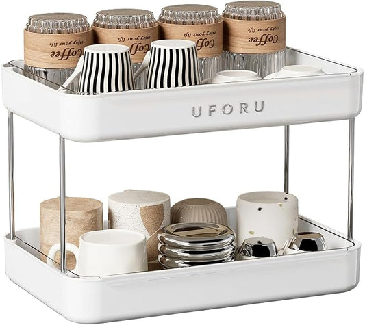UFORU Countertop Coffee Station Organizer,Cup Rack,Mug & Wine Glass Holder | 2-Tier White Mug Shelf With Removable Drain Tray,Bathroom Countertop Organizer,Spice Rack for Kitchen