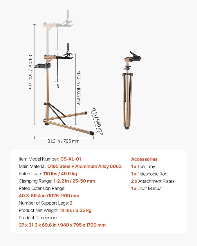 VEVOR Bike Repair Stand, Max. 110 lb Heavy-duty Bicycle Work Stand with 40.3-59.4 in Adjustable Height & Large Tool Tray, Foldable Ebike Maintenance Rack, Shop Home Mechanics for Mountain Road Bike
