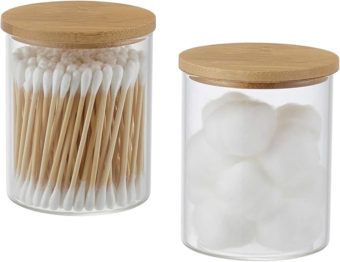 INIUNIK Qtip Holder with Bamboo Vanity Tray, Glass Apothecary Jars with Lids, Cotton Ball Swab Pad Rounds Holder Bathroom Canister Jars for Bathroom Restroom Decorations and Organizer