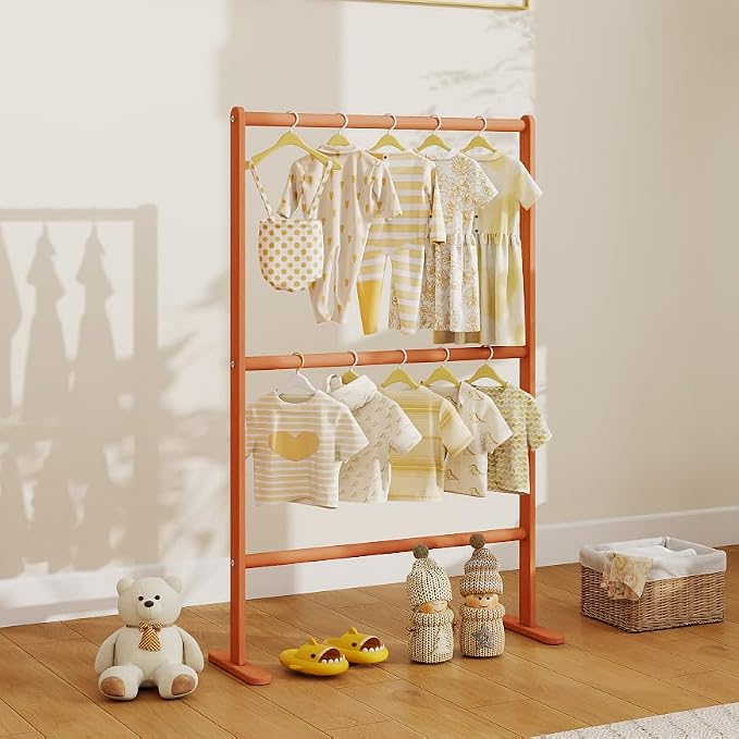 Kids Clothing Rack, Beech Wood Small Baby Clothes Rack,Kids Dress Up Rack Storage,Kids Room Bedroom Decor for Laundry Drying,Floor Standing,Portable(27.6" L)