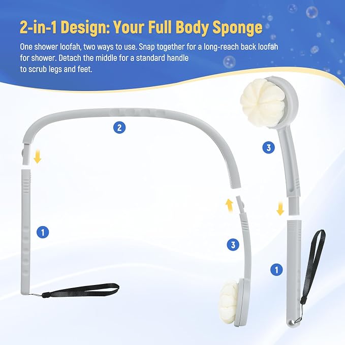 Long Handled Flower Loofah Sponge for Back, Back Scrubber Brush for Shower, Loofah Sponge on a Stick for Men,Women,Elderly