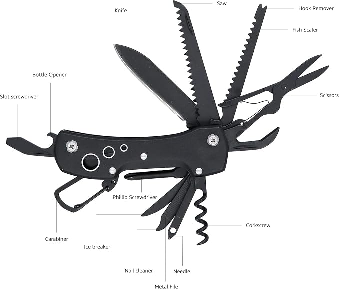 Amazon Basics 15-in-1 Stainless Steel Multitool Pocket Knife with Sheath for Hiking, Camping, Survival, Black, Pocket Size