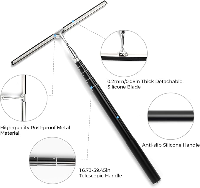 16.7“- 59.5" Long Handle Window Squeegee with Extension Pole, 12.4" Wide Metal Shower Squeegee for Glass Doors, 2-in-1 Squeegee for Home Window Cleaning, Tile Wall, Car (Silver)