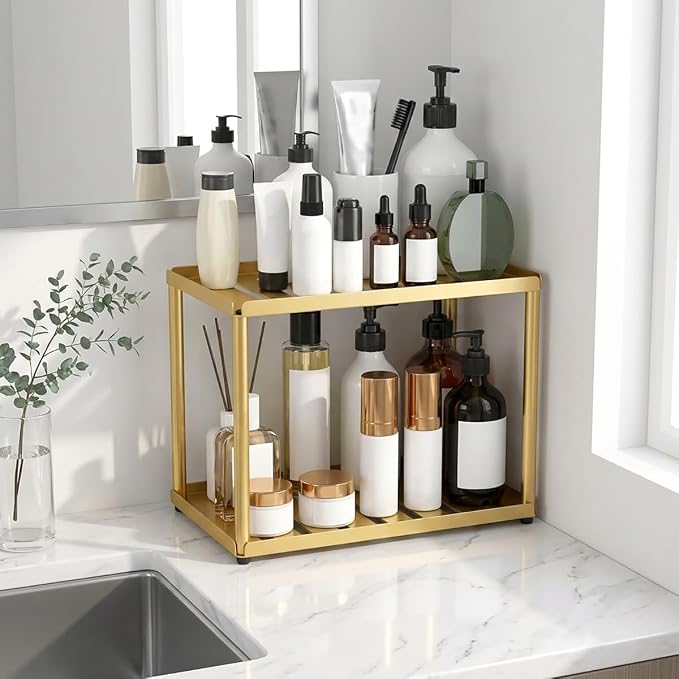 2 Tier Bathroom Counter Organizer, Rectangular Vanity Organizer Shelf, Skincare and Makeup Countertop Storage Rack for Kitchen, Bathroom, Bedroom (Gold)