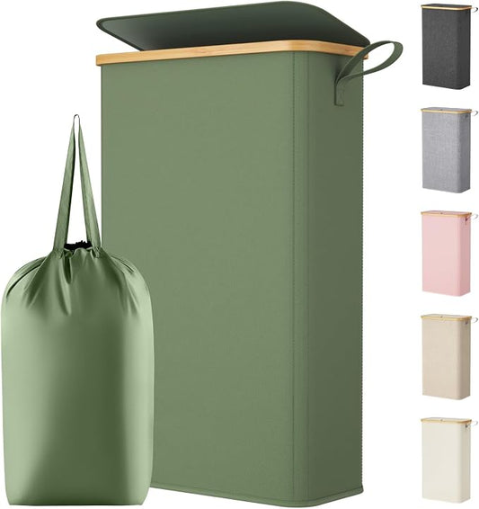 Lifewit 75L Slim Laundry Hamper with Lid, Narrow Laundry Basket with Removable Bag & Bamboo Handles, Fodable Thin Dirty Clothes Hamper for Laundry Collapsible Bin for Bathroom Bedroom Dorm, Green