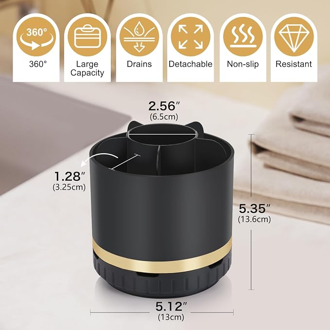 GFWARE Bathroom Organizer Countertop - Rotating Black Toothbrush Holder for Bathroom Accessories Organization Detachable 6 Slots Bathroom Sink Storage Caddy Vanity Organizer