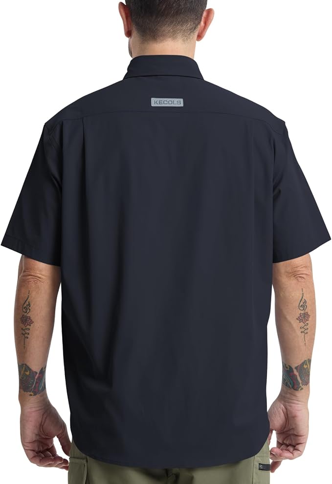 Mens Regular Fit Work Utility Shirt Midweight Short Sleeve Work Wear | Midweight stretch work shirt with reflective trim, 2 secure chest pockets, moisture-wicking comfort, easy-care fabric