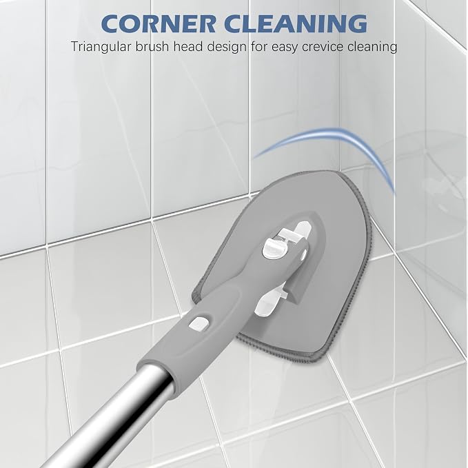 SetSail Tile Tub Scrubber Brush 3-in-1 Shower Scrubber with Adjustable Long Handle Shower Cleaner Brush and 3 Detachable Replacement Brush Heads for Cleaning Bathroom Kitchen Walls Tub Tile,Grey